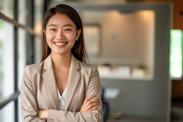 Successful young asian businesswoman with arms crossed in office