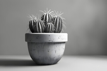 A grayscale image depicting a cactus contained within a white ceramic container set against a monochromatic backdrop, with a subtle cast shadow of the plant nest