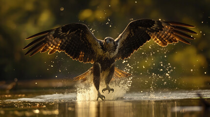 A majestic osprey rising from the water with widespread wings, splashing droplets illuminated by backlight, in a natural setting.

