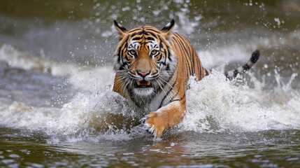 A tiger charging through a river, water splashing around as it moves powerfully and purposefully forward.

