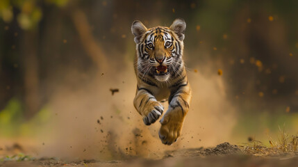 A dynamic photograph of a young tiger in mid-leap, charging forward with a fierce expression and dirt flying around in a forest setting.
