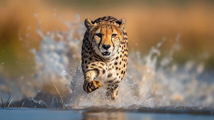 A cheetah charging through water, splashing dynamically with intense focus and speed, set against a blurred background.
