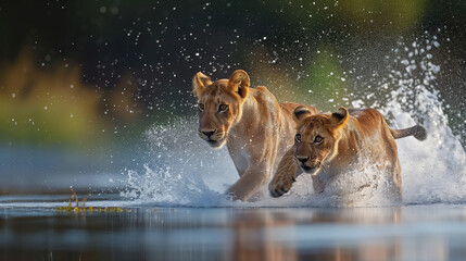 Two lions sprinting powerfully through water, creating dynamic splashes, with a blurred green and yellow background.
