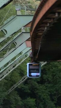 Wuppertal Suspension Railway. The carriage rides in the background of summer green trees close-up.