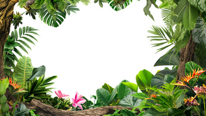 Frame of tropical plants, flowers growing on tree trunks with copy space isolated on white or transparent background