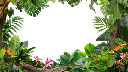 Frame of tropical plants, flowers growing on tree trunks with copy space isolated on white or transparent background