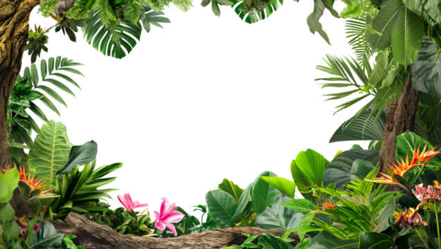 Frame of tropical plants, flowers growing on tree trunks with copy space isolated on white or transparent background