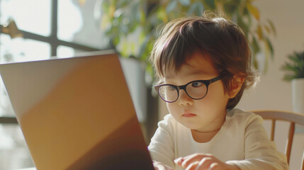 黒いメガネをかけた日本人の男の子がノートパソコンを真剣に操作している