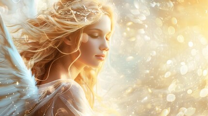 Celestial Portrait of Alluring Angelic Beauty with Glimmering Golden Hair and Ethereal Wings