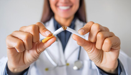 Extreme close-up of a female smiling doctor breaking a cigarette. Stop smoking, prevention, anti smoking campaign and world no tobacco day concept. Generative Ai.
