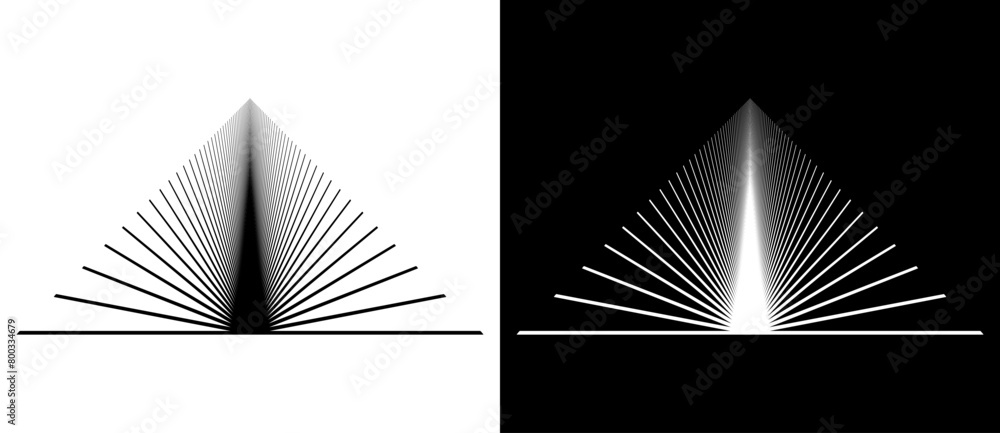 Poster Geometric triangle shape with lines as modern design element, logo or icon. Black shape on a white background and the same white shape on the black side.