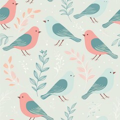 北欧風　小鳥と植物のパターン素材