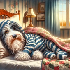 A Bearded Collie wearing striped pajamas lounges on a bed bathed in warm sunlight filtering through the window - 800334686