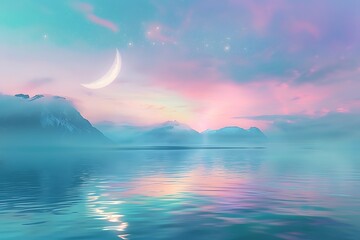Pastel gradient backdrop illuminated by a crescent moon, casting a soft glow on a crystalline lake.
