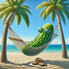 A green anthropomorphic dill pickle wearing sunglasses is reclining in a hammock between two palm trees on a sandy beach