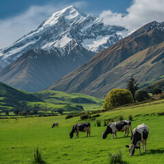 Cows grazing on green grass under blue sky with snowy mountains in the distance