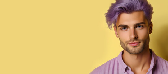 Portrait of a man with purple hair.