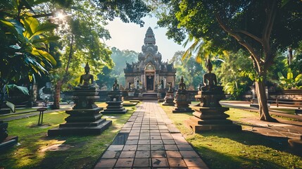 Fototapeta premium Serene Historic Temple in Lush Tropical Gardens of Thailand Showcasing Intricate Stone Carvings and