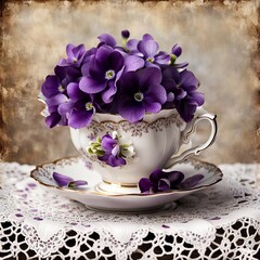 A porcelain tea cup and saucer are brimming with rich purple violets on a lace-covered table - 800335262