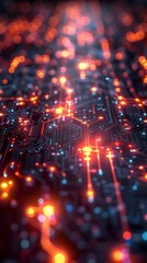 Obraz premium An abstract representation of a computer circuit board with glowing orange and blue lights.