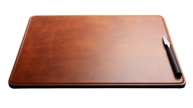 A wooden cutting board with a pen placed on top of it