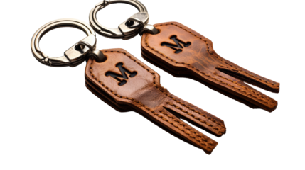 Two keychains with the letter M crafted in leather, reflecting a mirrored monogram design
