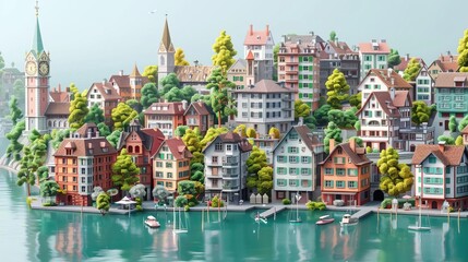 Photorealistic render of a beautiful lakeside town with colorful buildings,Zhong Lou ,Ma Tou ,and boats on the water - obrazy, fototapety, plakaty
