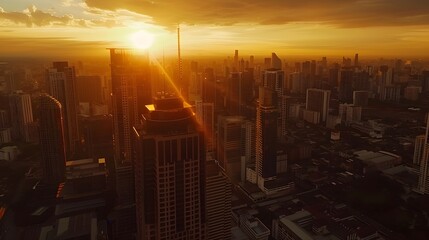 Dramatic Cityscape of Bangkok's Glittering Financial Center at Sunset