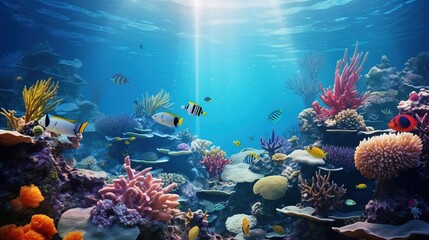 Beautifiul underwater panoramic view with tropical fish and coral reefs
