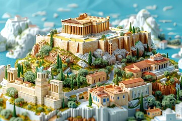 The ancient city of Athens, Greece, in miniature. The Parthenon is on the hilltop, surrounded by other buildings and greenery. - obrazy, fototapety, plakaty
