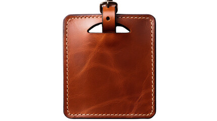 A brown leather luggage tag hangs from a metal hook