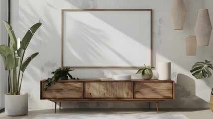 living room interior with wooden sideboard and mock up frame 3D rendering, Poster with sideboard near the wooden wall and the living room interior in beige. Four light devices. Ai generated 