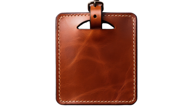 A brown leather luggage tag hangs from a metal hook