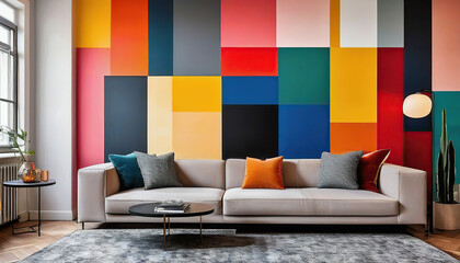 Interior of living room with sofa, lamp and colorful wall painting
