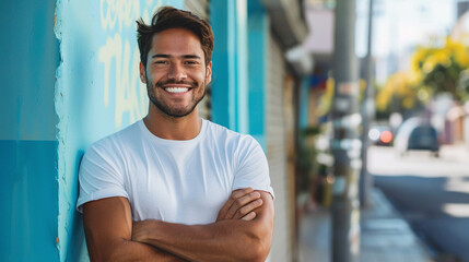 A Handsome latin man standing over blue background happy face smiling with crossed arms looking at the camera, positive person - Powered by Adobe