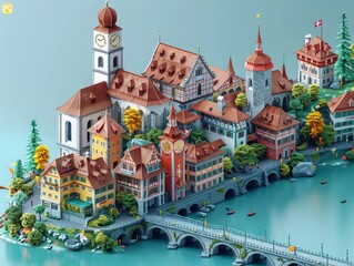 Fototapeta na wymiar Create a detailed isometric city. Include a river, bridge, clock tower, and lots of foliage. The style should be colorful and whimsical.