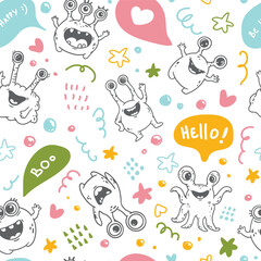 Seamless pattern with cartoon monsters. Monsters, stars, dots in doodle style. Illustration for wrapping paper, clothing and textiles for children. Vector
