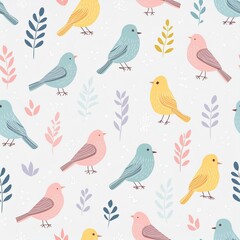 Obraz premium 北欧風 小鳥と植物のパターン素材