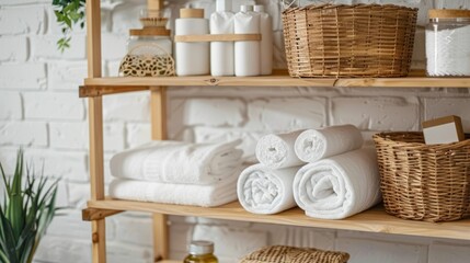 Wooden shelf with toilet paper rolls, clean towels and decoration generative ai