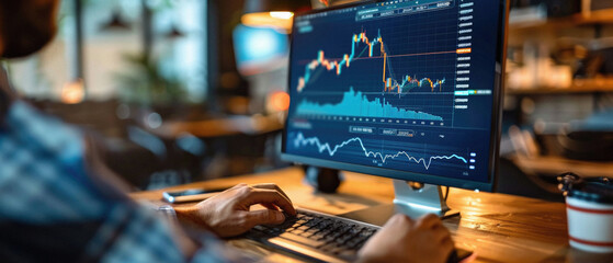 Stock trading investor, financial advisor or analyst working analysing crypto exchange market charts using computer investing money in finances market analyzing data on screen, hands closeup.