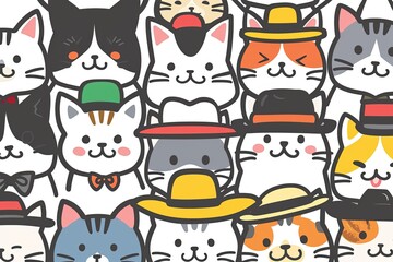 Purrfectly Hat-tastic: Adorable Cat Crew in Various Hats,Furry Hat Parade: Cute Cartoon Cats Steal the Show