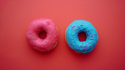 Sweet pink and vibrant blue donuts on bold red background, delicious dessert concept