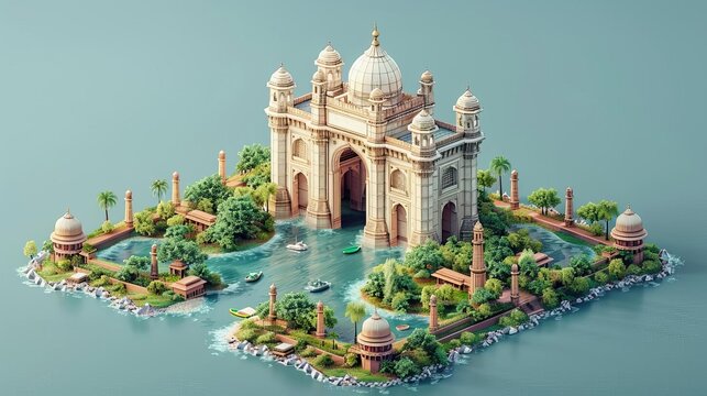 Create an isometric illustration of the Gateway of India, an arch monument built in the early 20th century in Bombay, India. The monument is surrounded by water.