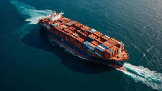 cargo ship with containers in a beautiful ocean, aerial  