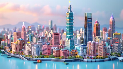 Obraz premium A miniature Taipei City with the Taipei 101 skyscraper in the center.