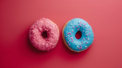 Delicious pink and blue donuts on vibrant red background, tempting desserts for sale