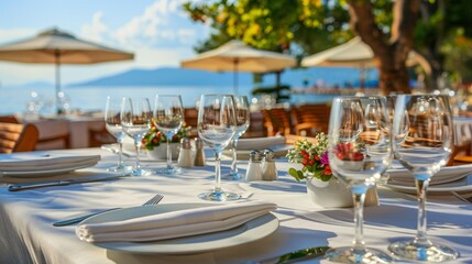 Fototapeta premium Luxurious dining table setup for elegant restaurant menu invites, weddings, and romantic events