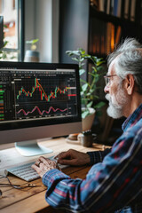 Stock trading investor, financial advisor or analyst working analysing crypto exchange market charts using computer investing money in finances market analyzing data on screen, over shoulder.