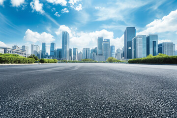 Wide unmanned asphalt pavement and modern urban architecture skyline