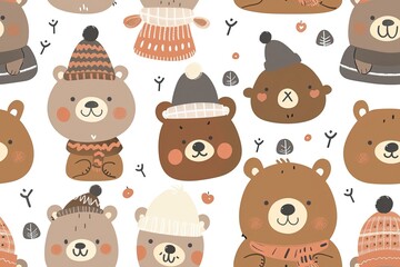 Fototapeta premium Bear Parade: Adorable Cartoon Bears in Hats,Bear Hats Galore: Playful Cartoon Bear Designs
